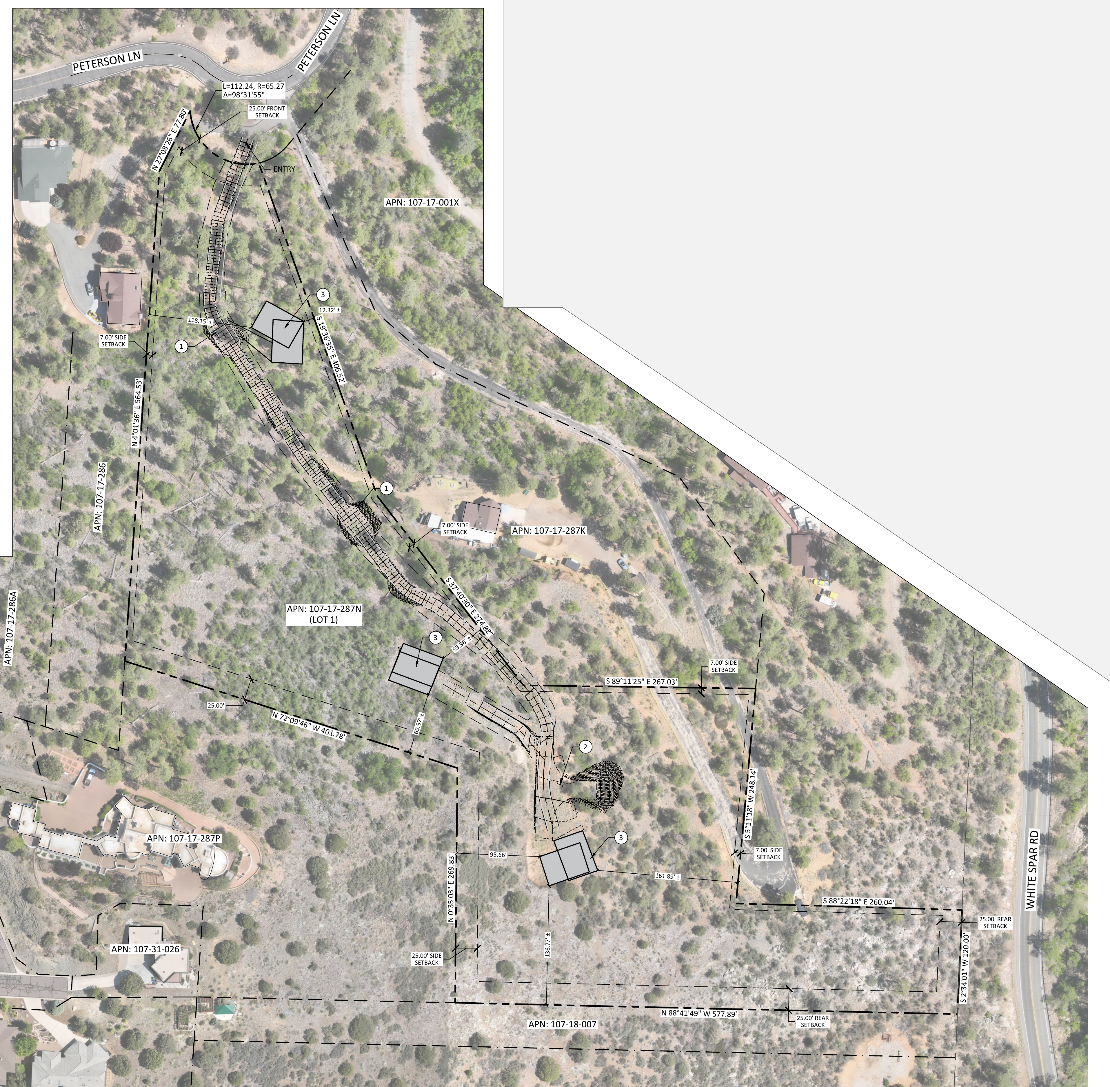 Estate master plan map showing the relationship of the three homesites across Kuhne Hill Estates.