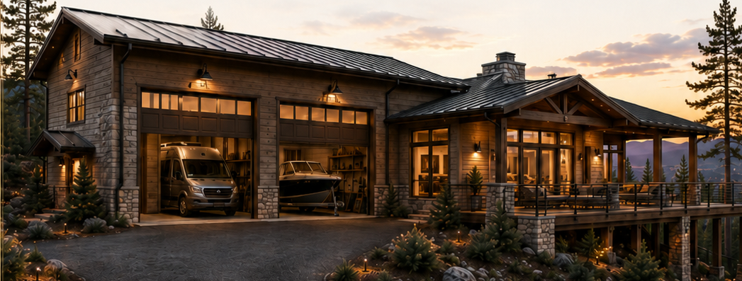 Conceptual Ridge House with two oversized garage bays.